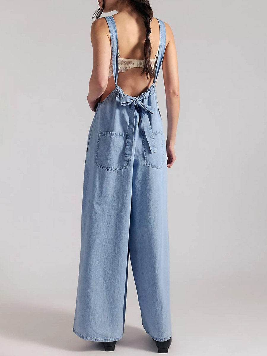Lightweight Denim Wide-Leg Jumpsuit with Tie-Back Straps