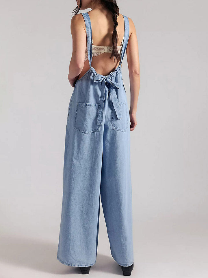 Lightweight Denim Wide-Leg Jumpsuit with Tie-Back Straps