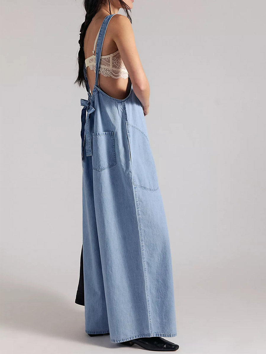 Lightweight Denim Wide-Leg Jumpsuit with Tie-Back Straps
