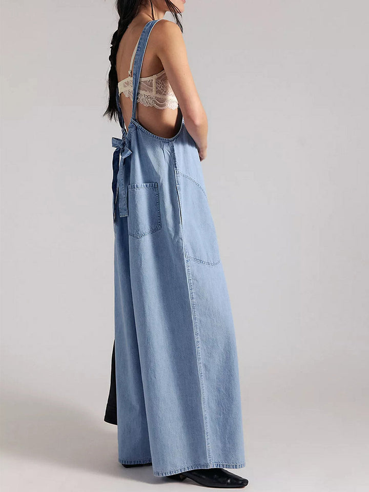 Lightweight Denim Wide-Leg Jumpsuit with Tie-Back Straps