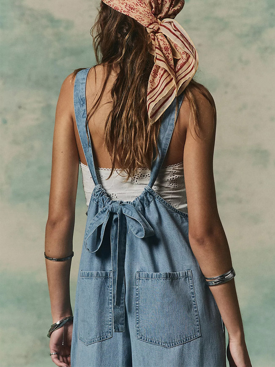 Lightweight Denim Wide-Leg Jumpsuit with Tie-Back Straps