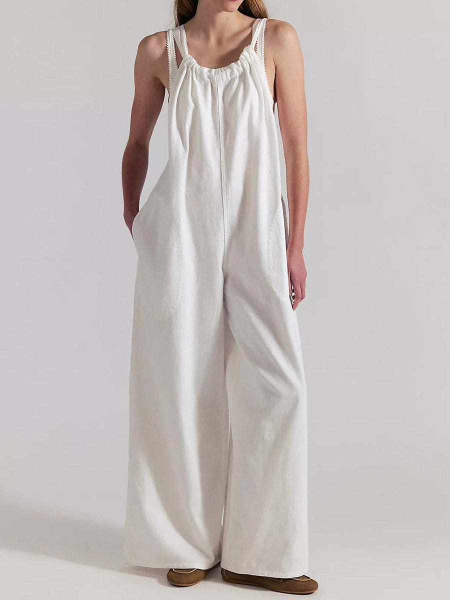 Lightweight Denim Wide-Leg Jumpsuit with Tie-Back Straps