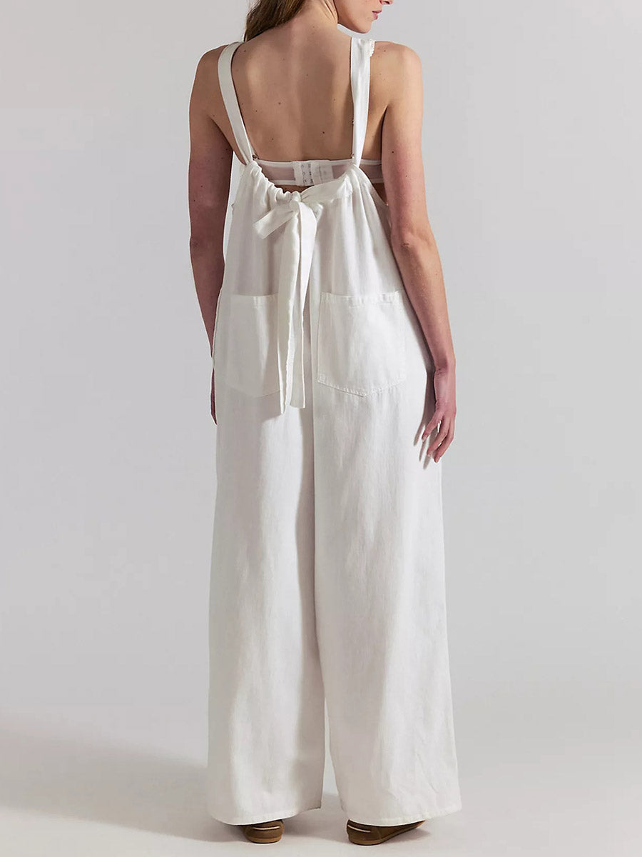 Lightweight Denim Wide-Leg Jumpsuit with Tie-Back Straps