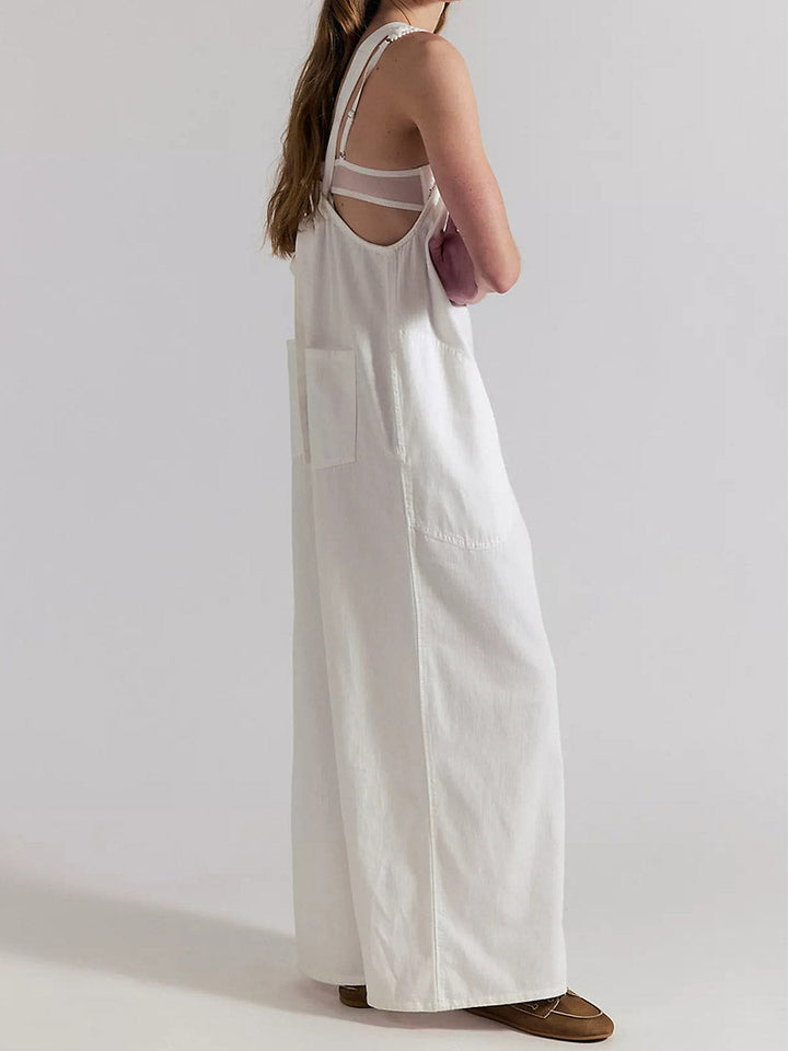 Lightweight Denim Wide-Leg Jumpsuit with Tie-Back Straps