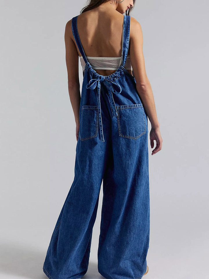 Lightweight Denim Wide-Leg Jumpsuit with Tie-Back Straps