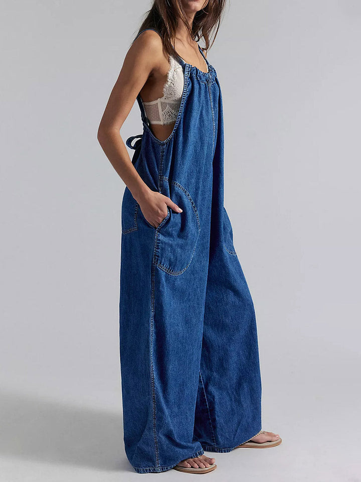 Lightweight Denim Wide-Leg Jumpsuit with Tie-Back Straps
