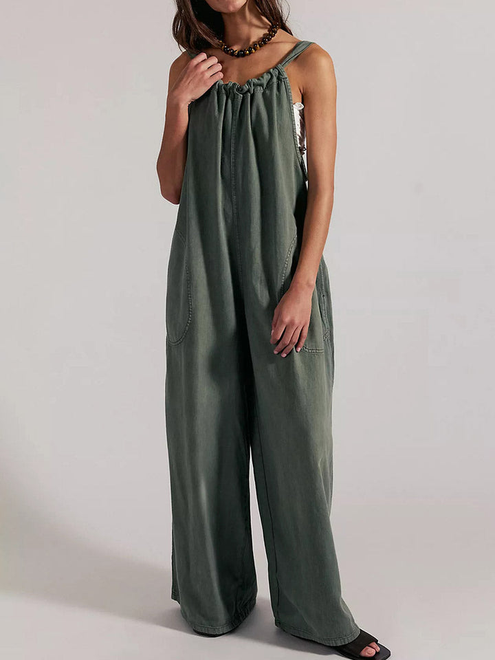 Lightweight Denim Wide-Leg Jumpsuit with Tie-Back Straps