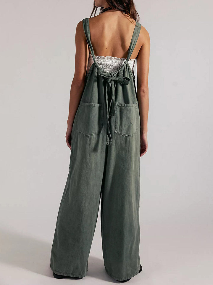 Lightweight Denim Wide-Leg Jumpsuit with Tie-Back Straps