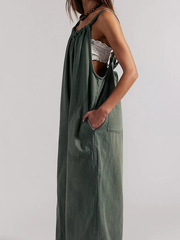 Lightweight Denim Wide-Leg Jumpsuit with Tie-Back Straps