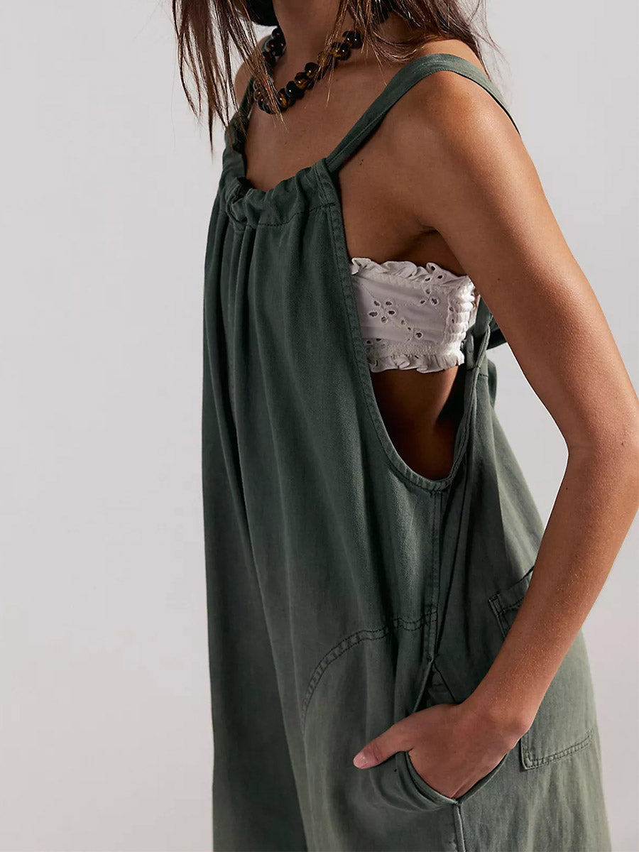 Lightweight Denim Wide-Leg Jumpsuit with Tie-Back Straps