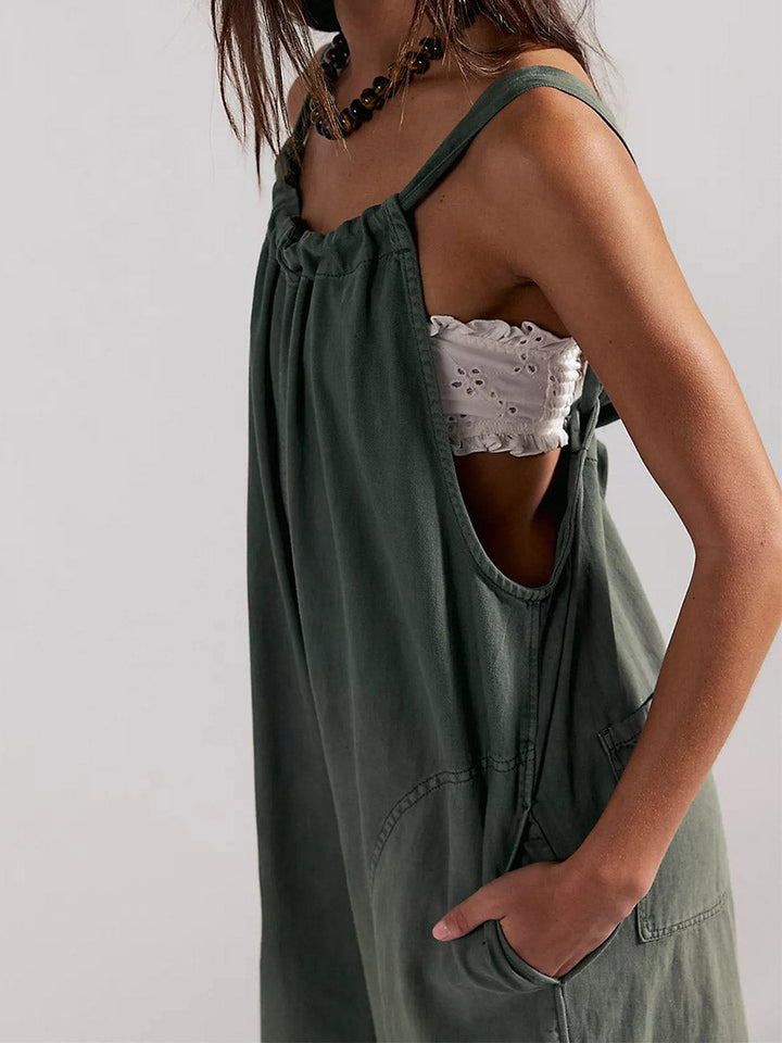 Lightweight Denim Wide-Leg Jumpsuit with Tie-Back Straps
