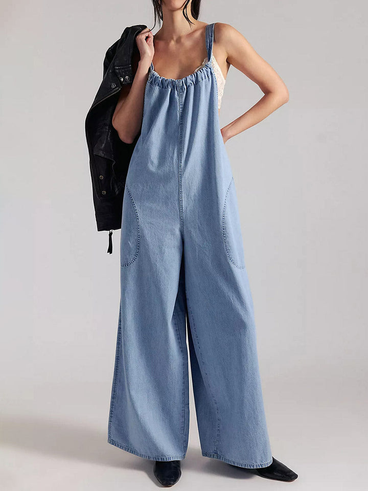 Lightweight Denim Wide-Leg Jumpsuit with Tie-Back Straps