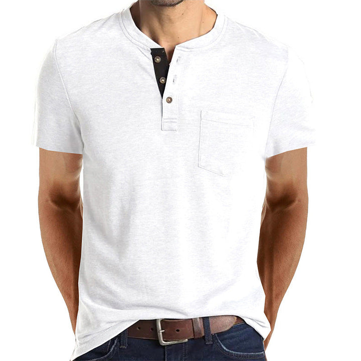 Camiseta Henley Casual de Manga Corta con Bolsillo para Hombre