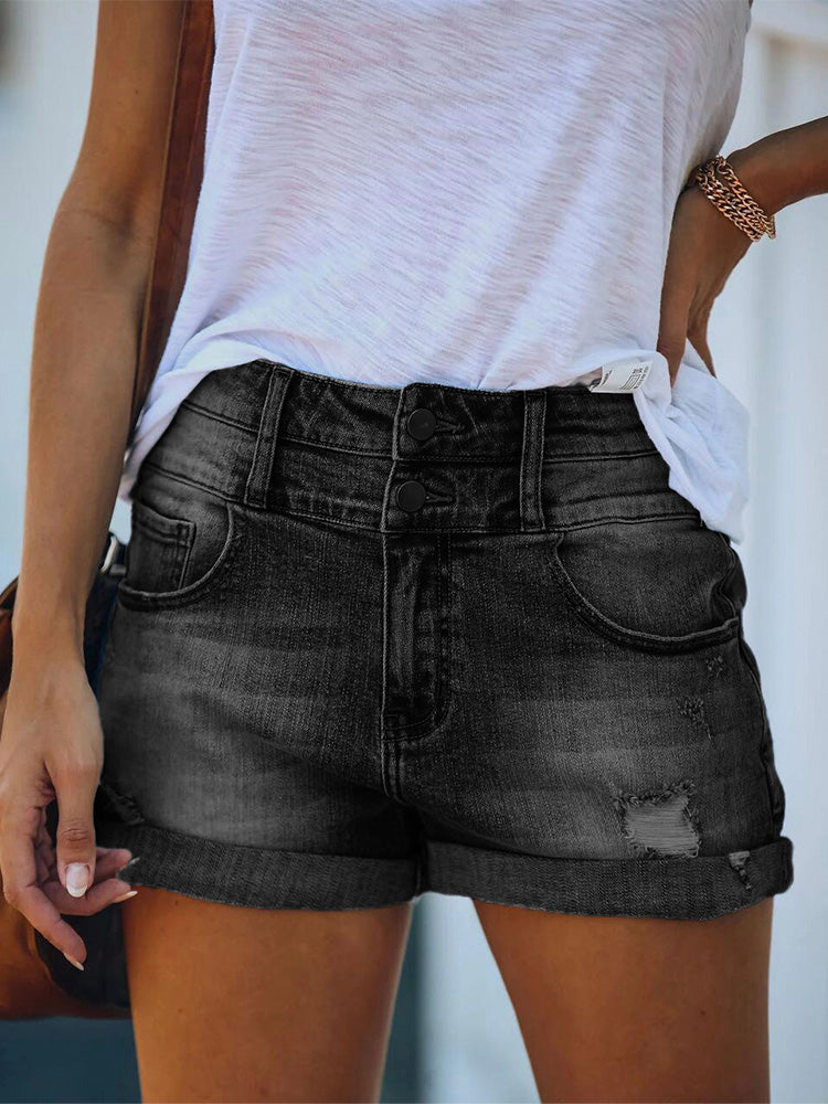 High Rise Jeansshorts in Distressed-Optik mit Doppelknopfmanschette