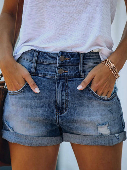 High Rise Jeansshorts in Distressed-Optik mit Doppelknopfmanschette