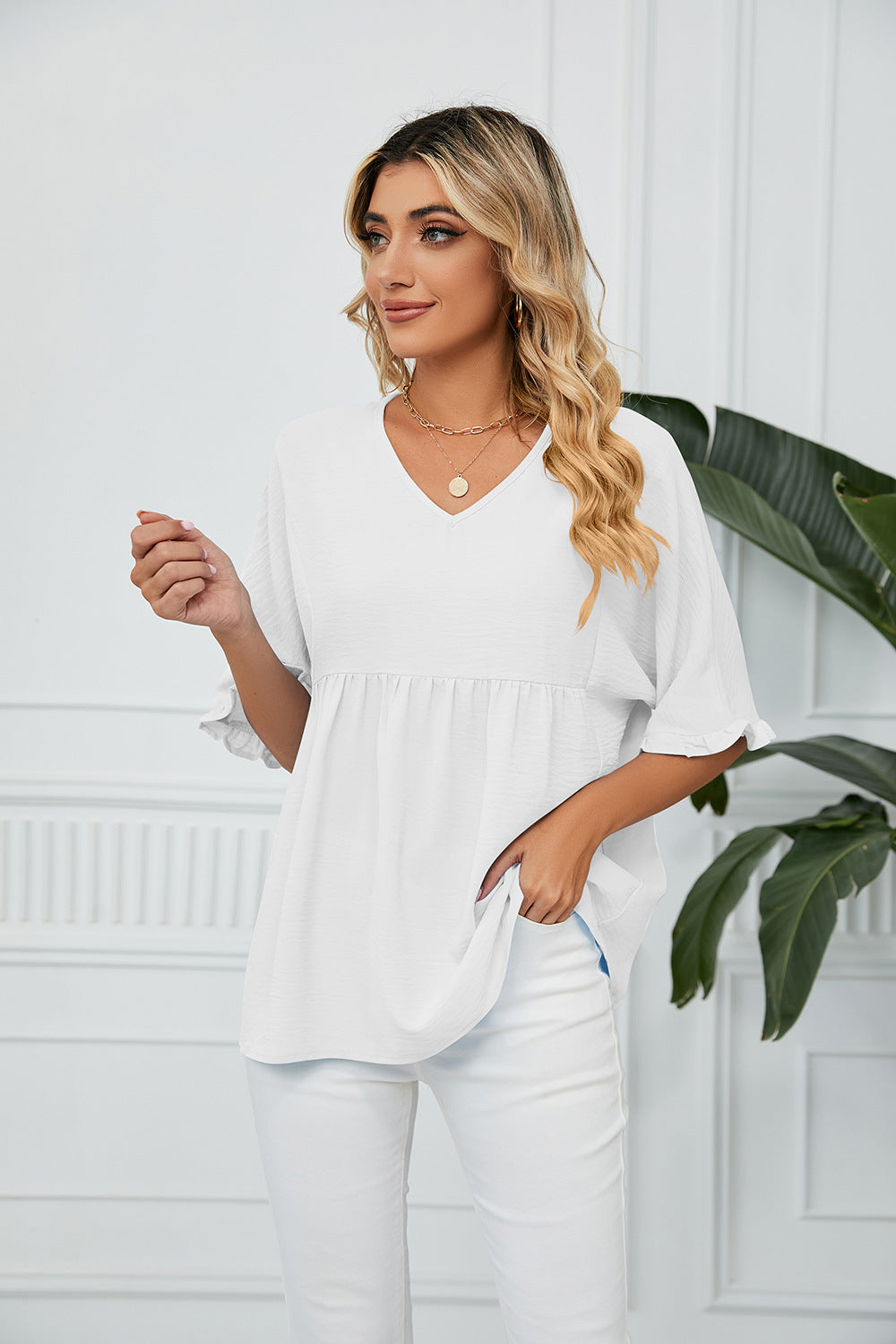 Locker gerafftes Chiffonbluse mit V-Ausschnitt