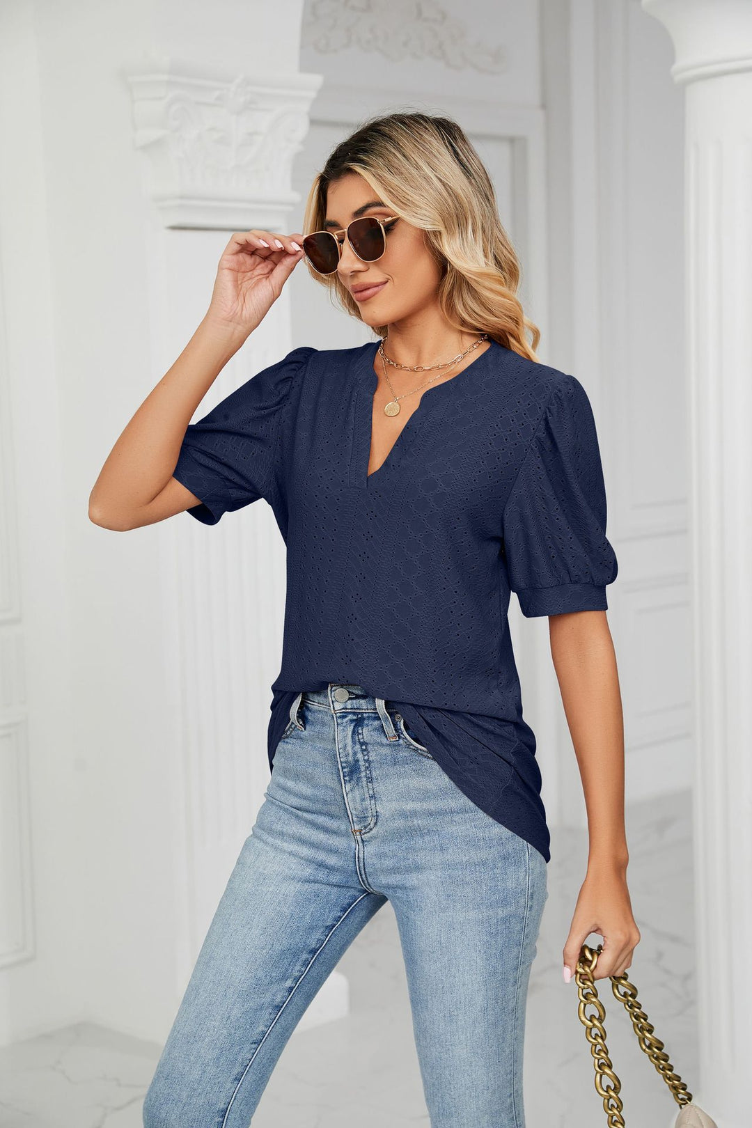 Hollow Puff Sleeve Loose V-Neck T-Shirt