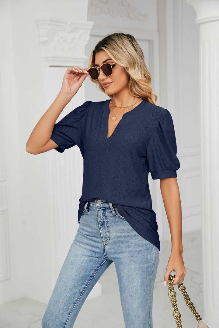 Hollow Puff Sleeve Loose V-Neck T-Shirt